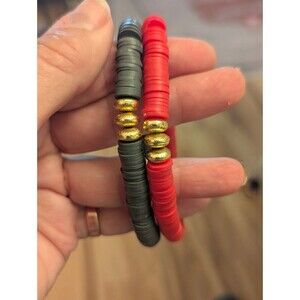 Pair of Gray & Red Heishi Beads Stretch Bracelets